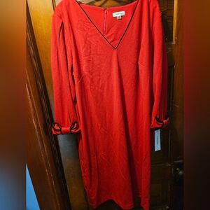 NWT Calvin Klein Red Long Sleeve V-Neck Dress with Black Trim